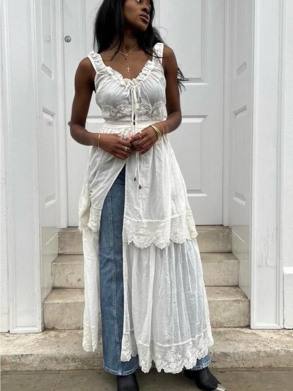Free People Mila White Tiered Lace Maxi Dress